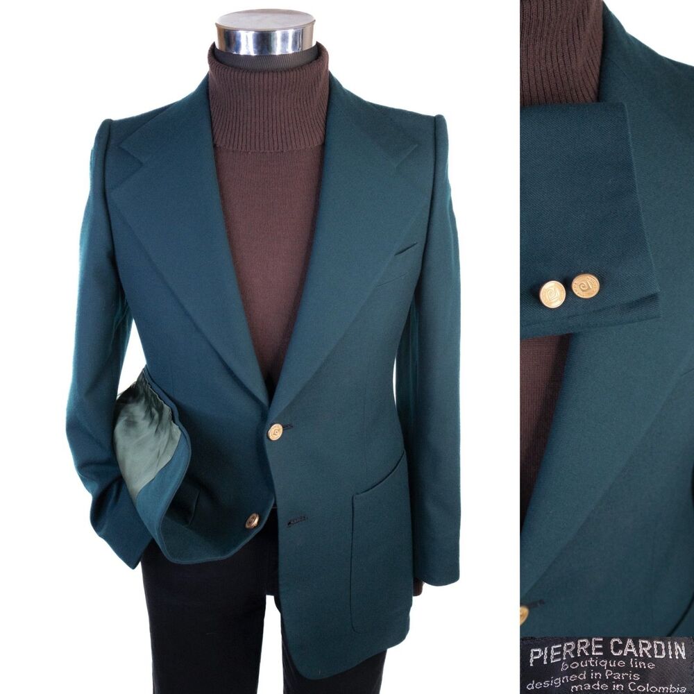 VTG Pierre Cardin Blazer Sport Coat Sz 36S Green Teal Wide Lapel Gold Buttons